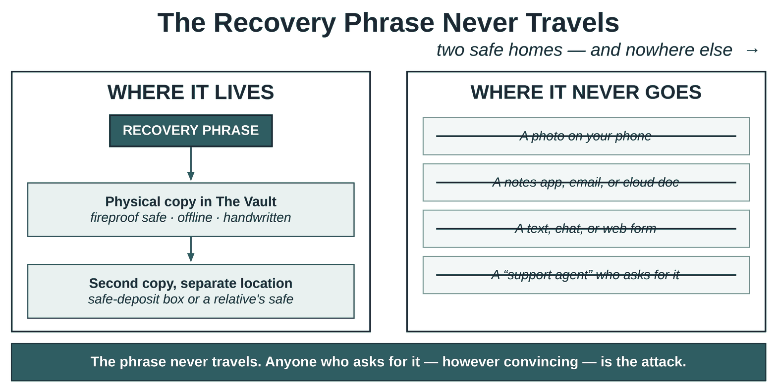 Seed phrase custody in two panels: where the recovery phrase lives (two handwritten copies, one in the Vault and one in a second secure location, both offline) and where it never goes (photos, notes apps, email, texts, web forms, or anyone who asks for it)