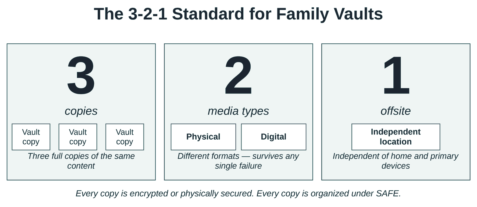 The 3-2-1 standard for family Vaults: three copies of the same content, two media types (physical and digital), one copy stored offsite in an independent location, every copy encrypted or physically secured and organized under SAFE.